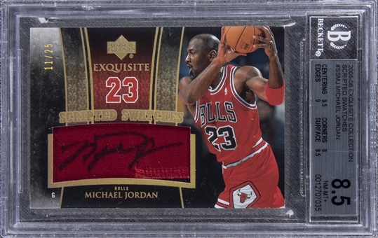 2005-06 UD "Exquisite Collection" Scripted Swatches #SSMJ Michael Jordan Signed Game Used Patch Card (#11/25) – BGS NM-MT+ 8.5/BGS 10